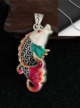 999足银古法传承掐丝锦锂吊坠纯银年年有余烧蓝款鲤鱼平安扣