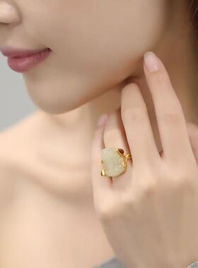 新中式古典古风鎏金镶嵌仿青玉招财貔貅戒指宫廷荷花叶指环饰品