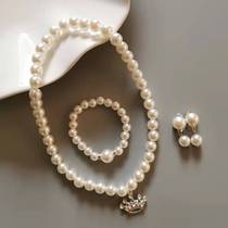 New Children Small Princess Imitation Pearl Necklace Hand-chain Ear Clip Three Sets Girl Baby Jewellery Kit Adornment