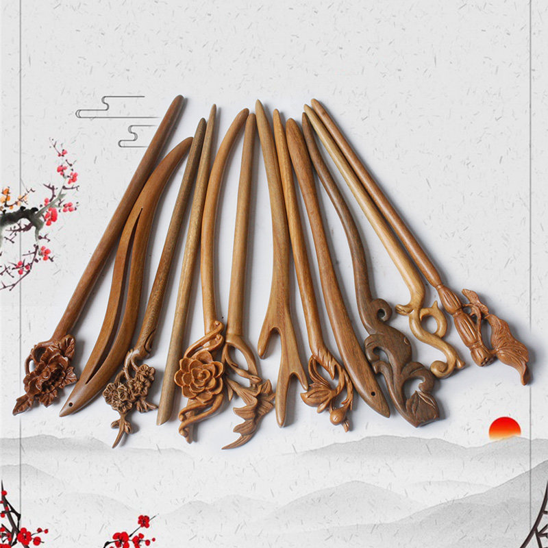 绿檀木发簪女古风簪子盘发木簪简约现代木质发钗日常头饰汉服发饰_虎窝淘
