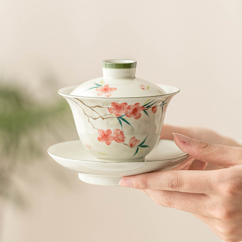 手绘桃花三才盖碗茶杯单个高档功夫茶具中式陶瓷家用泡茶器喝茶碗,淘宝优惠券,粉丝福利购,淘宝优惠卷