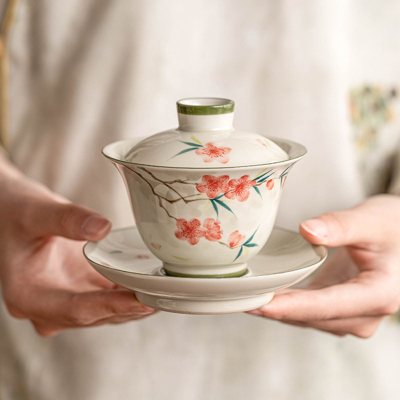 手绘桃花三才盖碗茶杯单个高档功夫茶具中式陶瓷家用泡茶器喝茶碗,淘宝优惠券,粉丝福利购,淘宝优惠卷