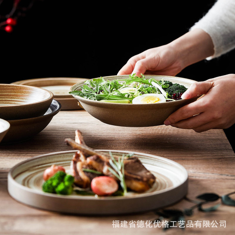 日式陶瓷碗盘碟创意复古粗陶吃饭碗菜盘手工盘家用鱼盘牛排盘子,淘宝优惠券,粉丝福利购,淘宝优惠卷