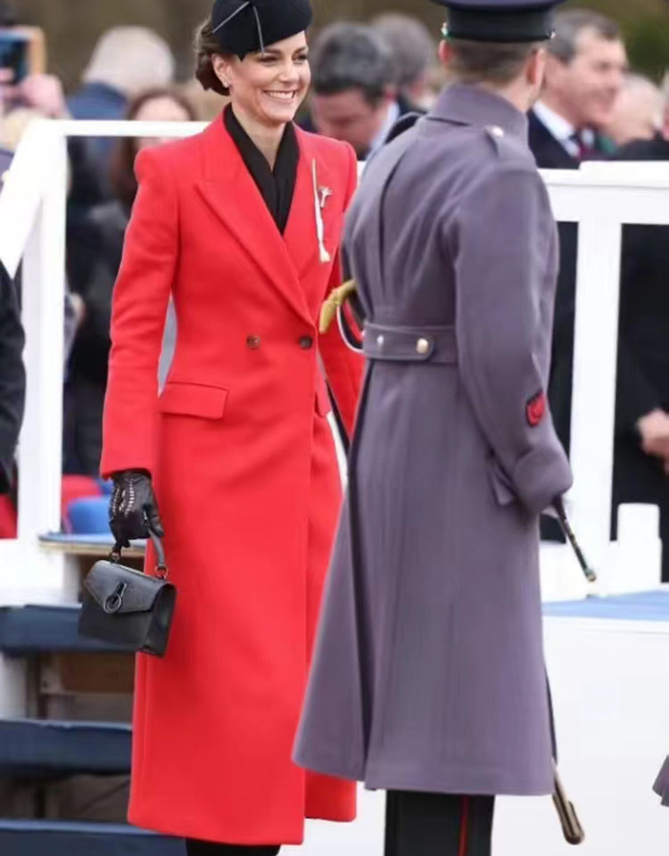 凯特王妃同款橘红色羊毛呢大衣2023秋冬女名媛修身喜庆西装领外套