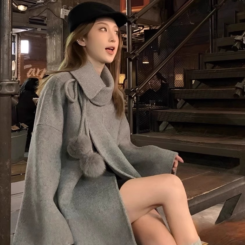 灰色双面羊绒大衣女2025秋冬新款高级感韩系中长款羊毛呢斗篷外套,淘宝优惠券,粉丝福利购,淘宝优惠卷