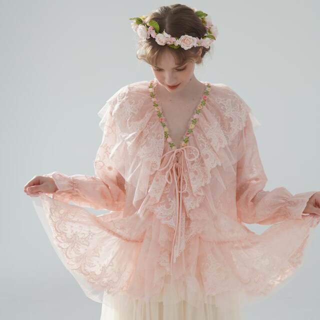 Facer Art Loose large version lace fungus collar water pink milky white-sleeved top-sleeved