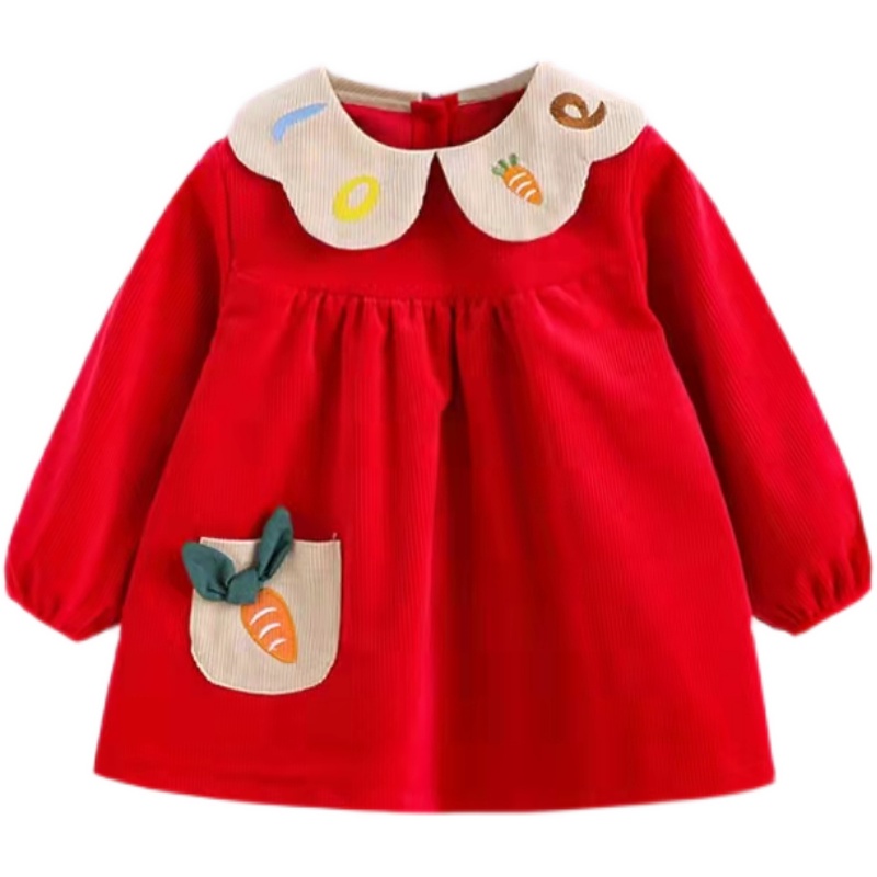 New style girls' thickened corduroy long-sleeved blouse for baby's stylish princess dress with buttons, waterproof and anti-dirty eating bib