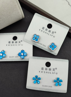 幸运草锆石蓝松锆925银耳钉耳环