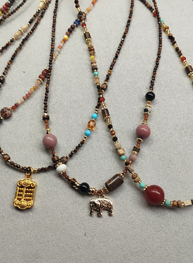 葫芦小象石榴石原石项链短链