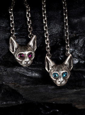 白木黑冰原创斯芬克斯纯银猫吊坠