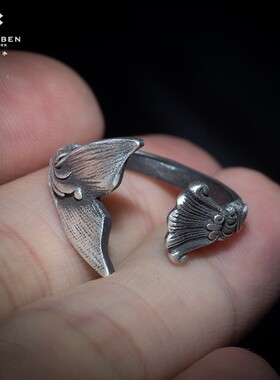 原创设计鲸鱼尾纯银复古开口戒指