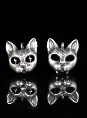 白木黑冰原创纯银百搭小猫头吊坠