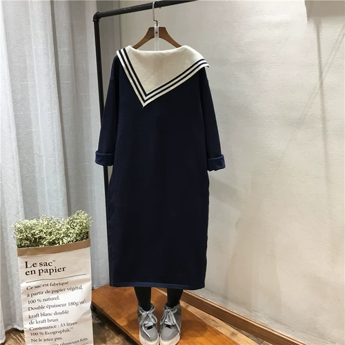 Военно-морской сверхдлинный длинный свитер, платье, длина макси, в западном стиле