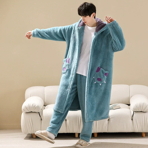 Монстр, демисезонный коралловый бархатный банный халат, демисезонная длинная фланелевая пижама, комплект, длина макси, увеличенная толщина