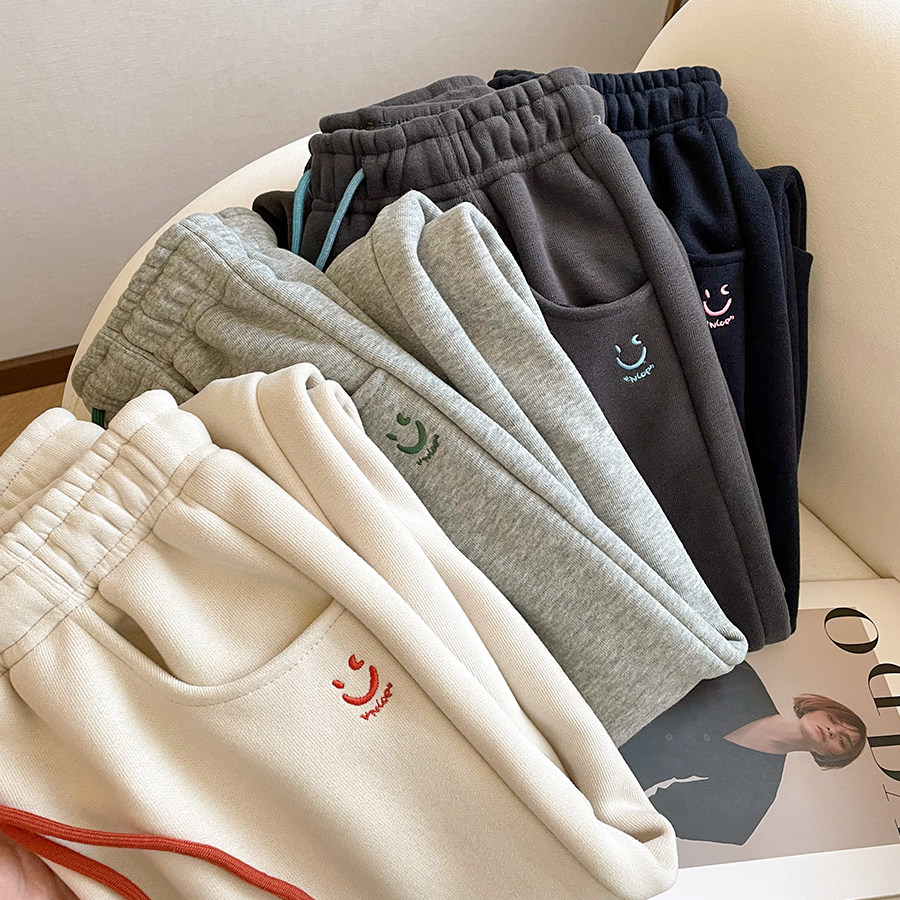 小C家 笑脸刺绣高腰束脚卫裤女2025春秋宽松显瘦运动休闲阔腿裤子,淘宝优惠券,粉丝福利购,淘宝优惠卷