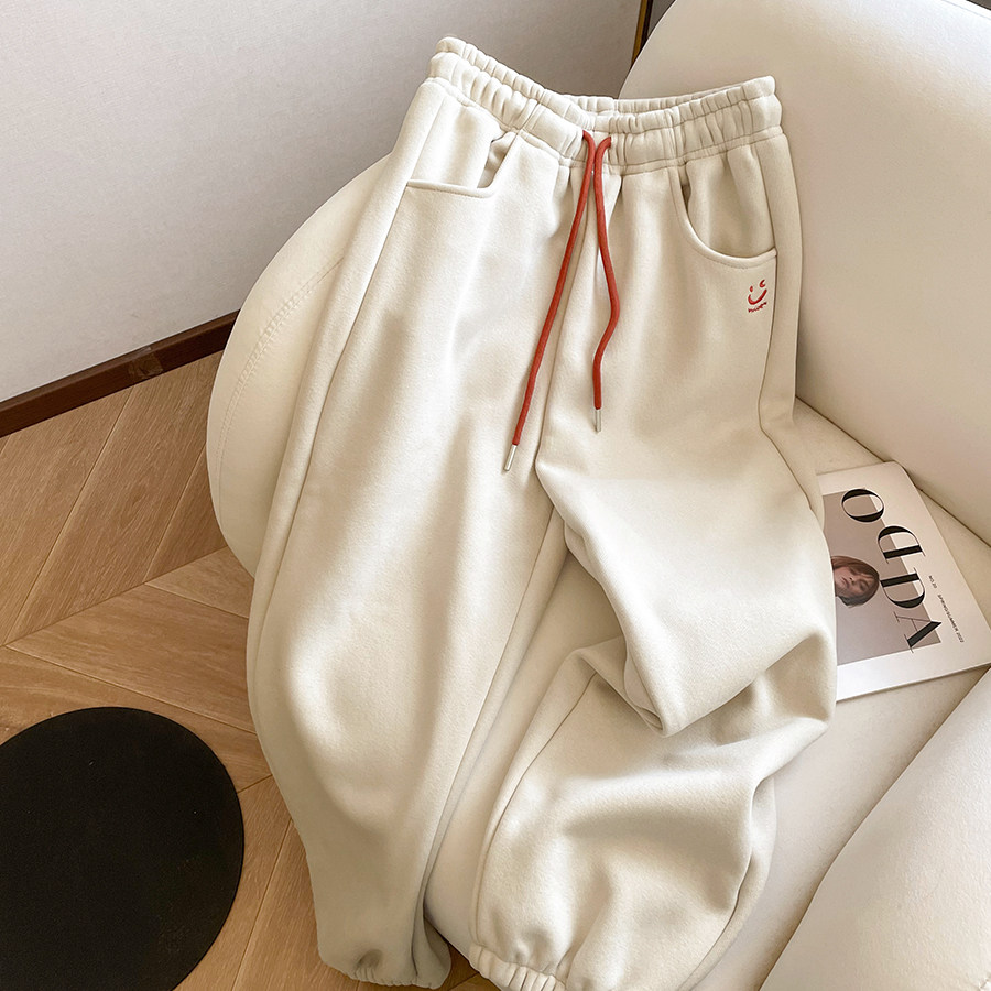 小C家 笑脸刺绣高腰束脚卫裤女2025春秋宽松显瘦运动休闲阔腿裤子,淘宝优惠券,粉丝福利购,淘宝优惠卷