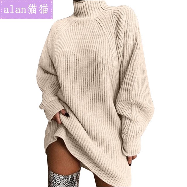 2020winter women knitted mid-length turtleneck sweater dress-图3