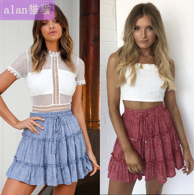 Women Skirt Summer Flared Ruffle Beach Mini Skirts Female 裙 - 图0