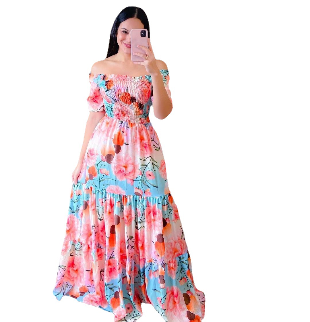 floral off shoulder long skirt summer dress women欧美连衣裙-图3