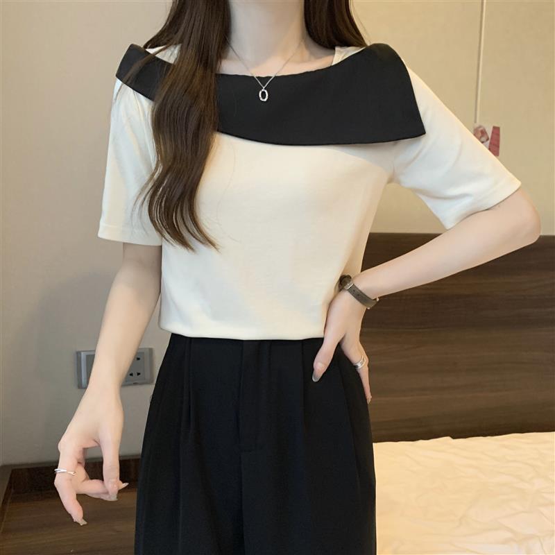 大码法式一字肩短款上衣胖mm遮肚显瘦撞色冰丝针织短袖t恤女夏季 - 图2