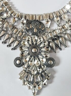 玻璃钻短款女复古银色玻璃钻项链