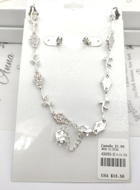 气质镶钻花朵耳钉项链套装女 时尚欧美百搭银色水钻短款锁骨链B73
