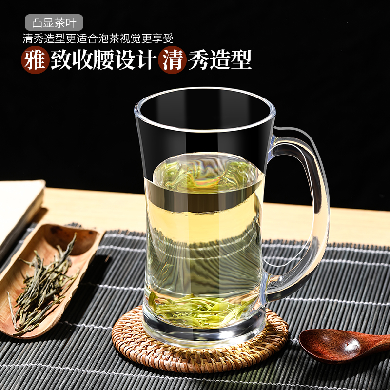 茶楼专用茶杯带把耐高温玻璃杯家用加厚大容量带盖绿茶喝水杯套装-图1