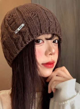 麻花纹咖色针织帽女秋冬日系复古