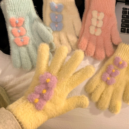 可爱多巴胺蝴蝶手套女冬季针织毛线毛绒加厚防寒保暖触屏骑车骑行 - 图0