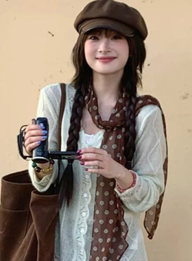 棕色波点丝巾高级百搭配饰系脖女