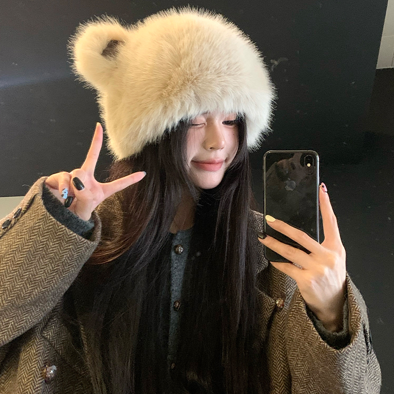 可爱小熊毛绒帽女秋冬季韩版显脸小护耳帽加绒保暖蒙古东北帽子