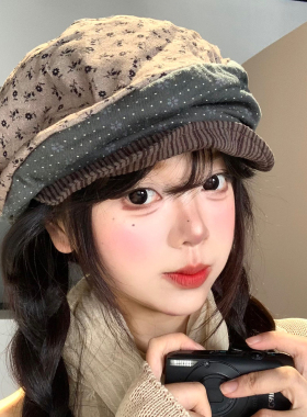 撞色碎花拼色贝雷帽女春秋日系