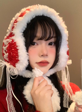 红色蕾丝蝴蝶结针织耳罩