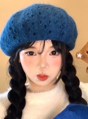 蓝色破洞针织贝雷帽女日系百搭