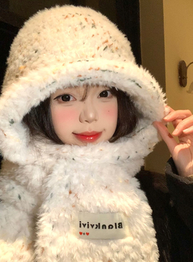 彩色小糖豆针织毛绒帽子围巾一体