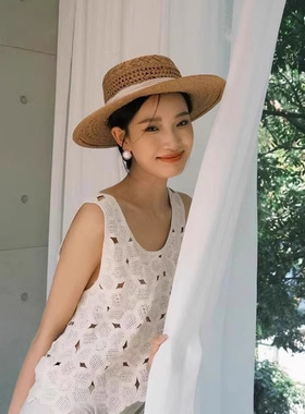 老钱风镂空平顶草帽女夏海边沙滩
