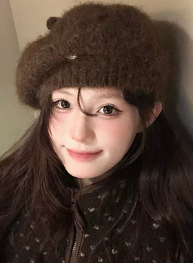 美拉德复古咖色毛绒针织贝雷帽女