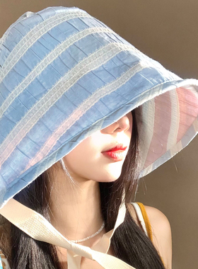 蓝色条纹绑带渔夫帽女夏遮阳防晒