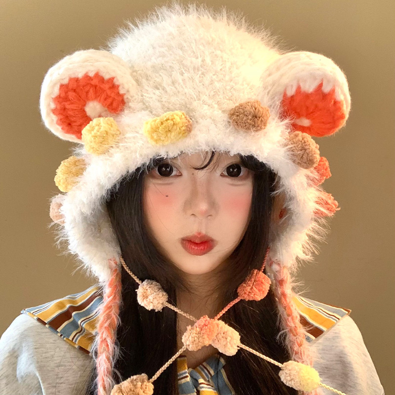 流苏小熊耳朵毛绒针织护耳帽女冬季可爱显脸小毛线帽保暖雷锋帽子 - 图0