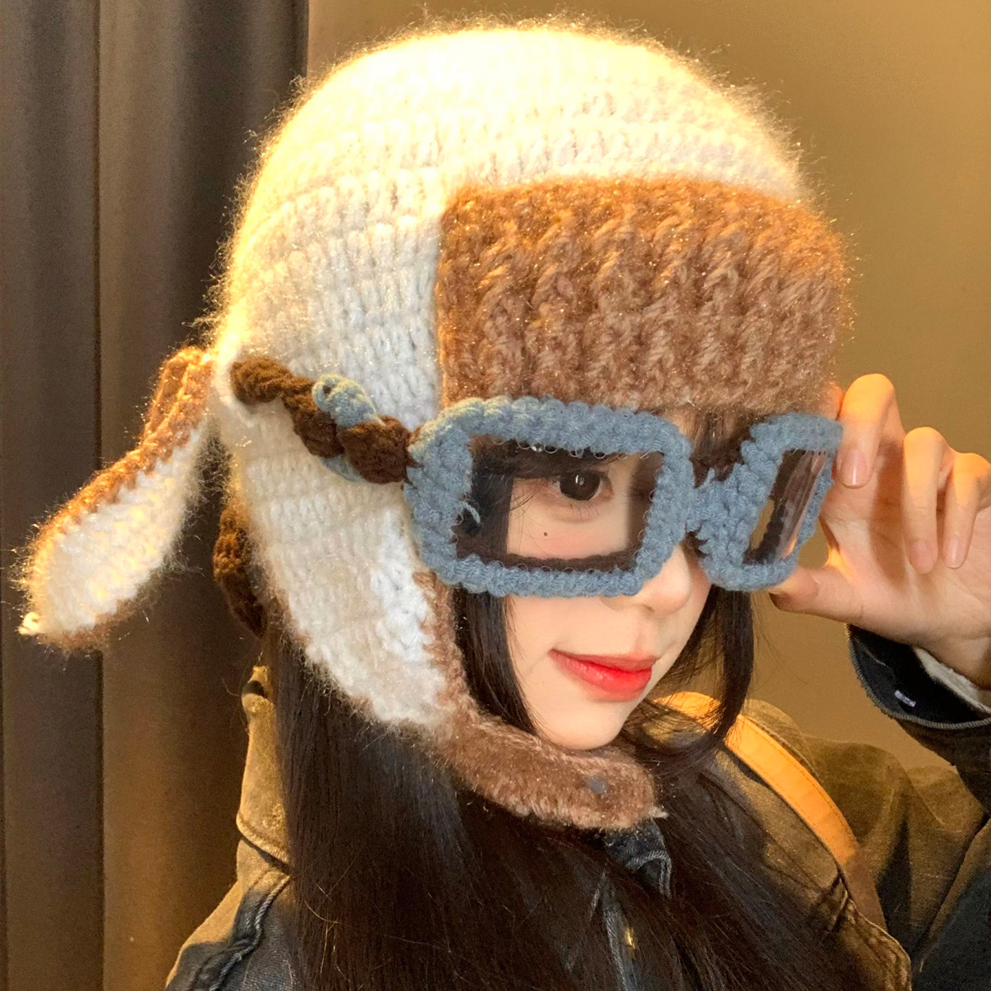可爱小羊耳朵眼镜飞行帽子女冬季显脸小雷锋帽保暖防寒针织护耳帽,淘宝优惠券,粉丝福利购,淘宝优惠卷