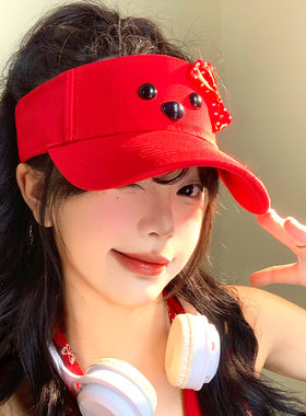 蝴蝶结小狗红色空顶防晒帽女夏季防紫外线卡通遮阳帽户外太阳帽子