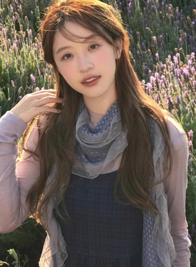 藤井树同款古早灰蓝色波点丝巾