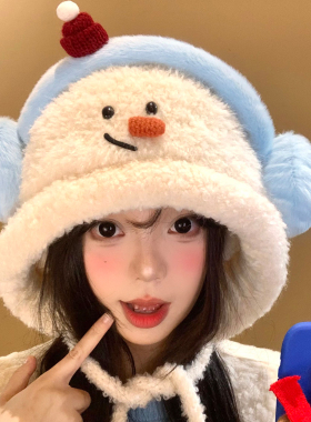 可爱雪人毛绒针织护耳帽女显脸小
