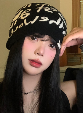 字母印花针织毛线帽显脸小包头帽