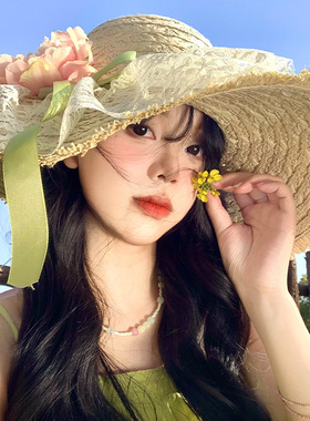 花朵蝴蝶结蕾丝拉菲草帽女海边