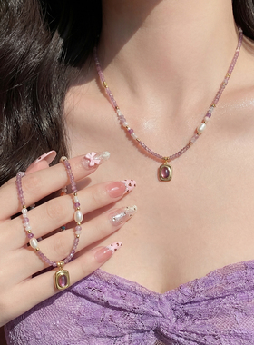 紫色天然石吊坠串珠项链2026新款