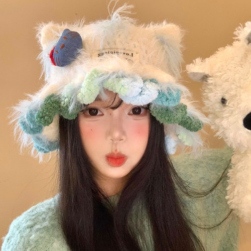 可爱Kitty猫耳朵毛绒针织帽女秋冬季显脸小毛线帽大头围保暖帽子 - 图1