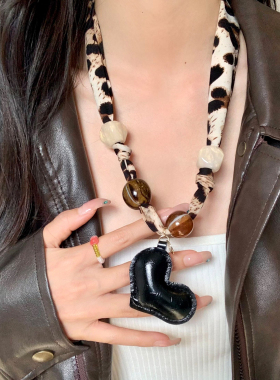 美拉德复古豹纹丝巾项链挂脖丝巾