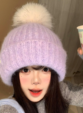 毛球紫色针织帽秋冬韩版百搭保暖