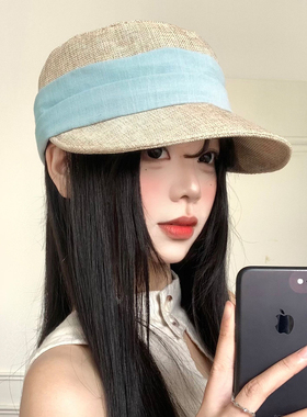 韩系蓝色褶皱亚麻马术帽女夏2026